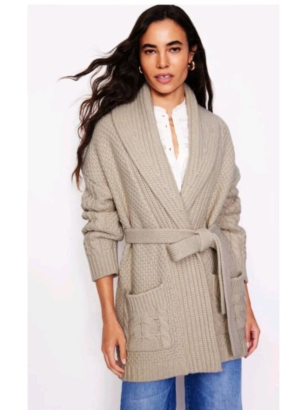 Boden Cable Knit Shearling Belted Cardigan Wool Blend Natural Oatmeal XL NWT
